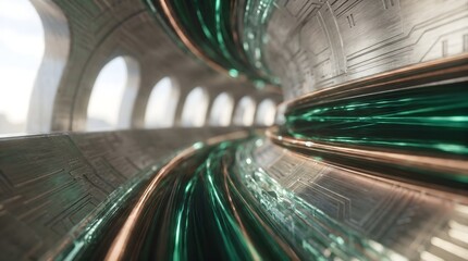 Fototapeta premium High-tech futuristic metallic corridor with glowing green energy lines and copper accents in a sci-fi tunnel interior.