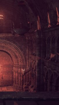 Inside a historic building, tall stone walls surround a wooden door. A chandelier hangs near the door, and gothic arches line the walls. Warm light contrasts with dark stone.
