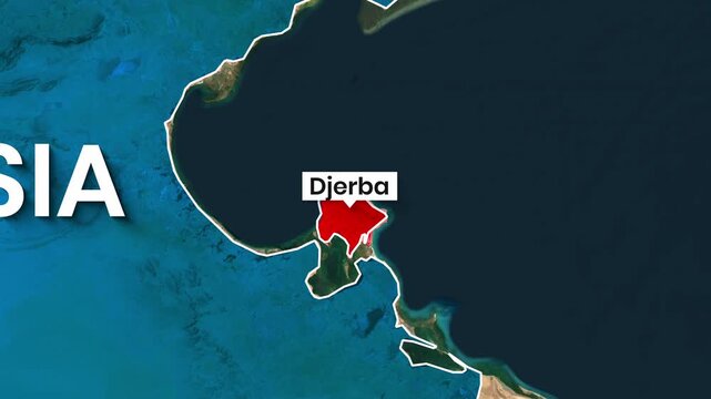 Animated map motion graphic highlighting the Djerba, Tunisia location