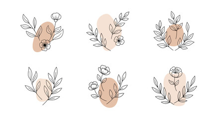 Obraz premium Minimalist botanical illustration featuring floral designs and abstract peach shapes