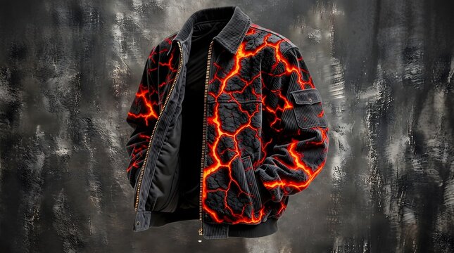 Black bomber jacket with glowing lava design