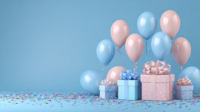 Happy birthday celebration with blue gift box balloons and confetti