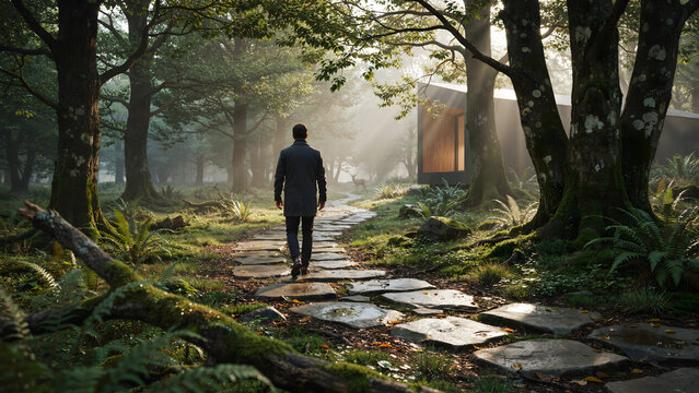 A lone man walking down a stone slab path through a lush green forest toward a rustic building during a foggy morning with building