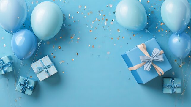 Happy birthday celebration with blue gift box balloons and confetti