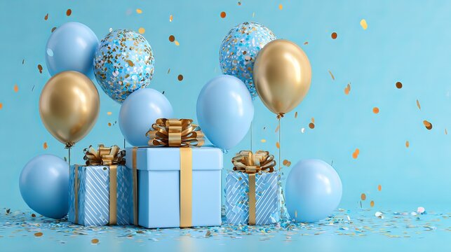 Happy birthday celebration with blue gift box balloons and confetti