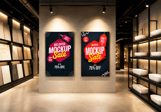 Two Vertical Poster Mockups Hanging on Concrete Wall in Modern Store