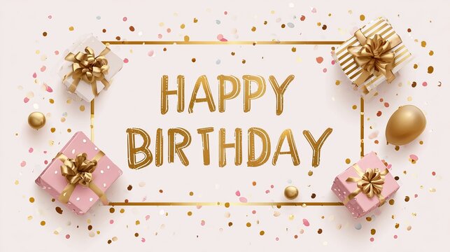 Elegant happy birthday greeting banner with gold frame, gifts and confetti