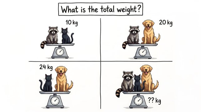 Animals on scales solving math puzzle