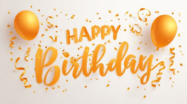 Happy birthday celebration with gold orange balloon and confetti