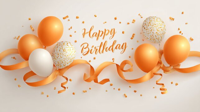 Happy birthday celebration with gold orange balloon and confetti