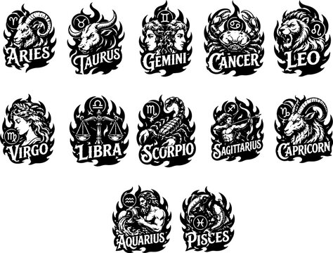 Vintage Zodiac Tattoo Collection &ndash; 12 Horoscope Signs Vector Set