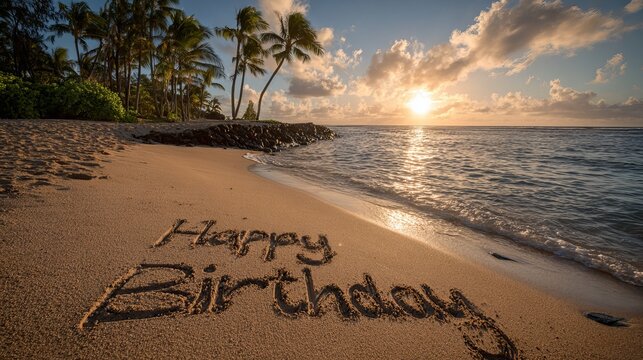 Happy birthday written in sand on tropical beach at sunset