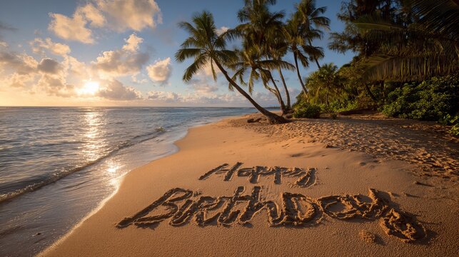 Happy birthday written in sand on tropical beach at sunset