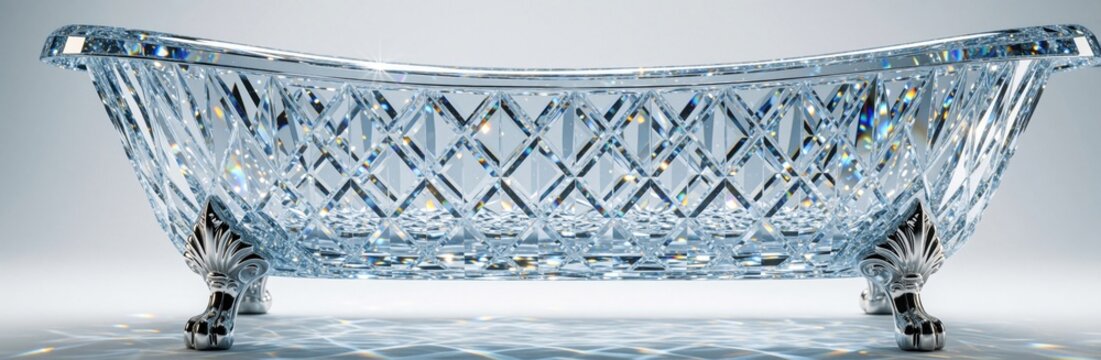 Luxury crystal bathtub with diamond pattern on claw feet. Elegant glass tub shines with bright light reflections in modern bathroom decor. Opulent gemstone style fixture for premium spa interior
