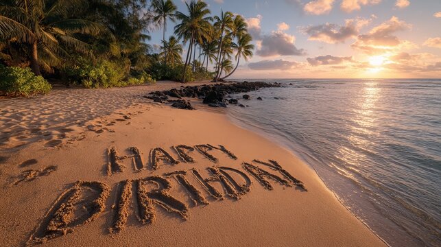 Happy birthday written in sand on tropical beach at sunset