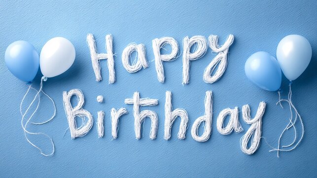 Happy birthday greeting in elegant white lettering on a blue background with festive balloons in the corner