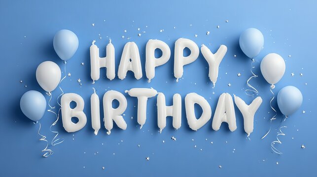 Happy birthday greeting in elegant white lettering on a blue background with festive balloons in the corner