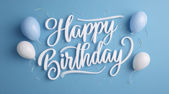Happy birthday greeting in elegant white lettering on a blue background with festive balloons in the corner