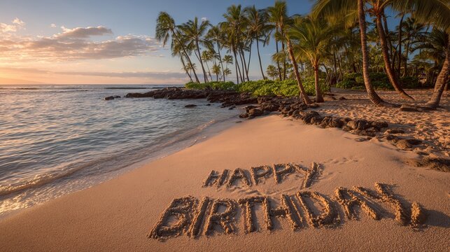 Happy birthday written in sand on tropical beach at sunset