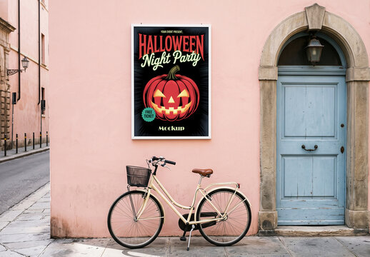 Vertical Poster Mockup on Wall Next to Bicycle and Door