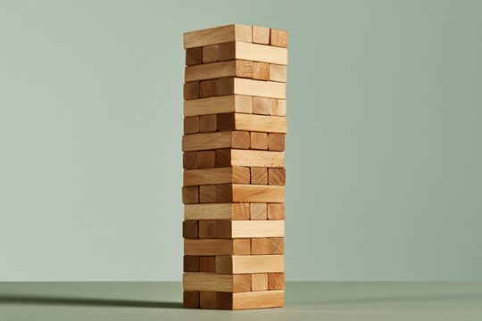 Stack of plain wooden blocks built into a tall tower balance concept