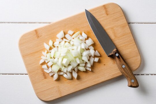 Chopped white onion pieces on wooden cutting board with sharp kitchen knife. Raw diced vegetable sits on bamboo board atop white wood table. Top view of healthy food preparation for vegan cooking