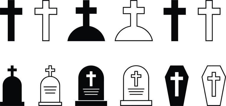Grave icons set featuring christian cross tombstones and coffins in black solid and outline vector styles