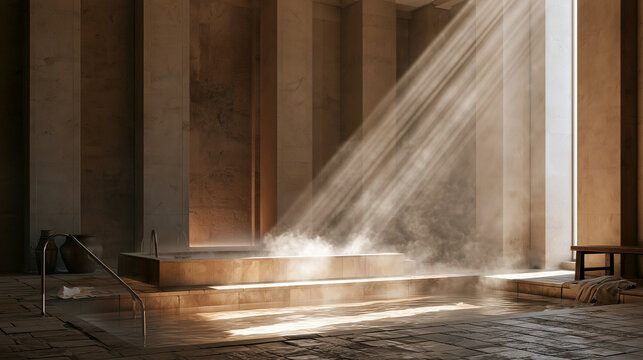 Empty tiled bathhouse interior with a stone bath and steam