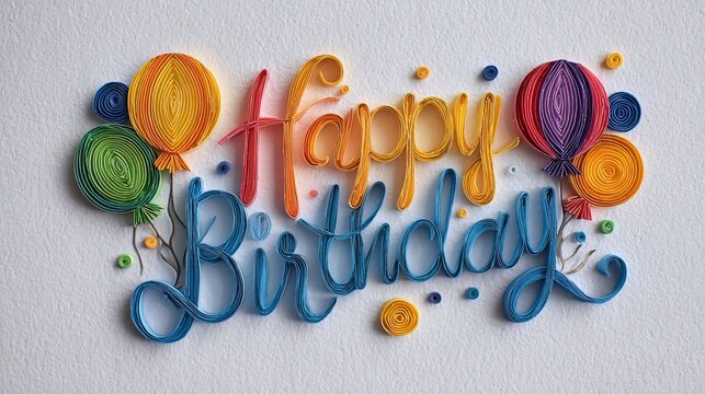 Colorful happy birthday background with balloons confetti and cake