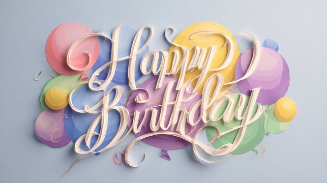Colorful happy birthday background with balloons confetti and cake