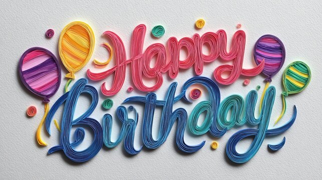 Colorful happy birthday background with balloons confetti and cake