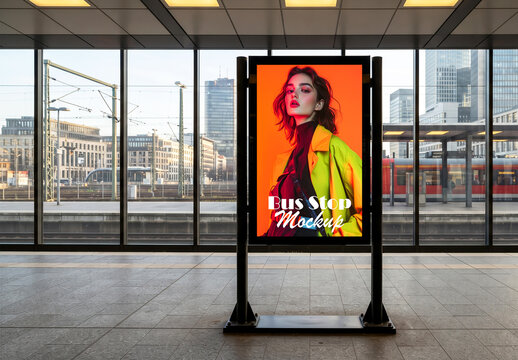 Vertical Screen Billboard Mockup at Train Station Terminal