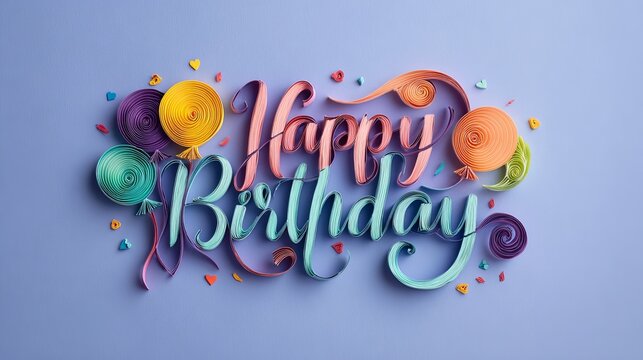 Colorful happy birthday background with balloons confetti and cake