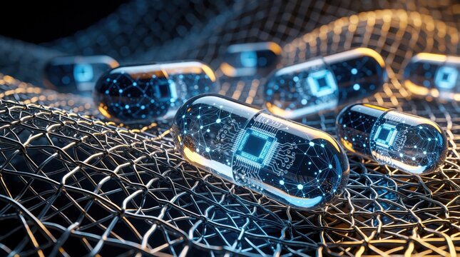 Digital capsules with microchips inside represent AI drug discovery and personalized medicine advancement. Future pharma tech boosts therapy development and patient care.