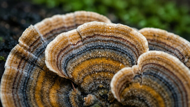 Turkey tail mushrooms growing in layered clusters on forest wood