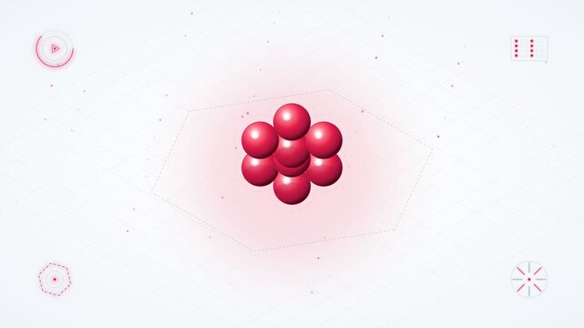 Abstract scientific atomic structure model with glowing red spheres on white background