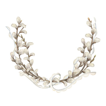 Watercolor hanging top border featuring willow branches with soft white and pale gray catkins. Delicate spring floral half garland for Easter greeting card and wedding invitation design.