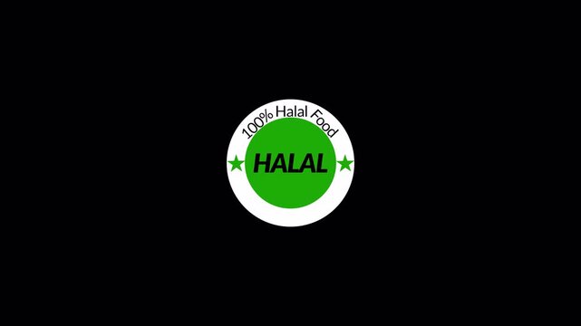100% Halal stamp animation 4k animation with alpha channel  as a marker for food or beverages for Muslims on  transparent background 100% halal food sign animation give me 50 keyword in single digit