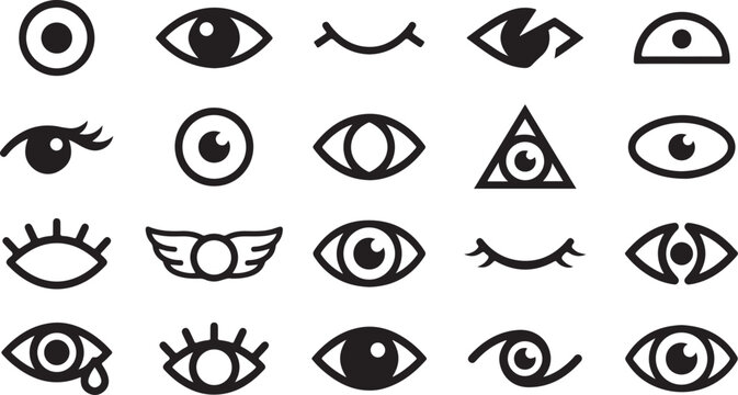 Eye Icons Set with Various Styles Including Closed, Winking, Teardrop, Winged, and Third Eye Designs in Black and White