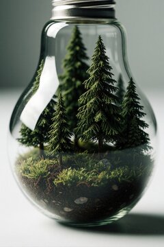 Creative concept of miniature pine forest growing inside glass light bulb. Small green trees, moss thrive in eco friendly terrarium. Sustainable energy idea featuring nature landscape within bulb on