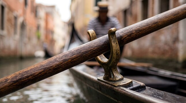 Close-up of wooden oar and brass rowlock on a Venice gondola canal.