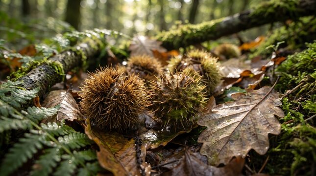 Spiky sweet chestnut husks on wet forest floor with autumn leaves