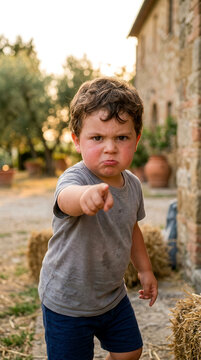Young boy with a grumpy expression pointing his finger directly at the camera outdoors