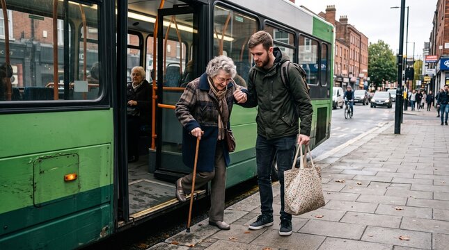 Young man helps elderly woman alight from a green public bus on a city street