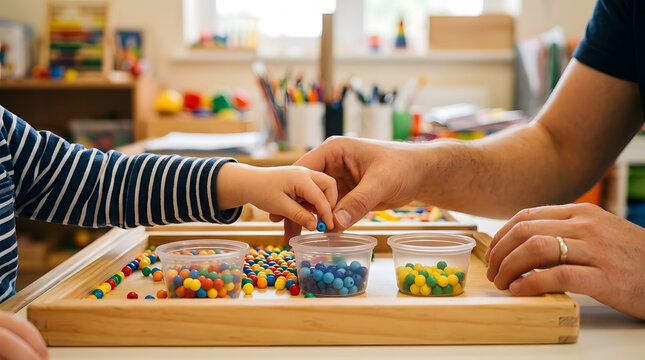 Adult and child sorting colorful beads in a classroom for early childhood development