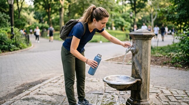 Woman refills reusable water bottle at park drinking fountain surrounded by greenery and people walking