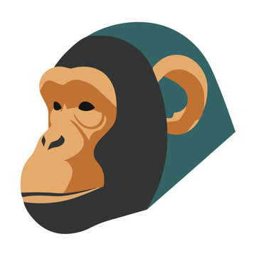 Minimalist silhouette of a chimpanzee head with flat color blocks and geometric shapes on a white background wildlife conservation concept