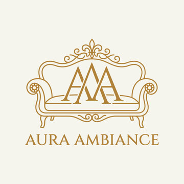 Elegant furniture logo with sofa and monogram text.