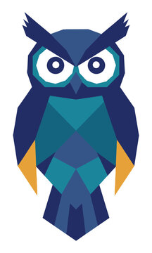 Stylized owl shape composed of sharp geometric polygons in a flat minimalist design isolated on a white background, creative animal mascot concept