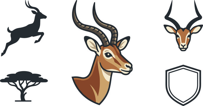 African Impala Antelope Mascot Vector Set with Gazelle Head Logo, Jumping Silhouette, Acacia Tree, and Shield Elements